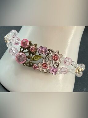 PINK RHINESTONE METALLIC ENAMEL FLOWER WIRED TOGGLE  BRACELET SIZE 8